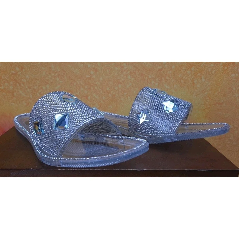 NIB‎ Lauren Lorraine Silver Clear Bianca Sparkle Rhinestone Slides Size 9.5 M095